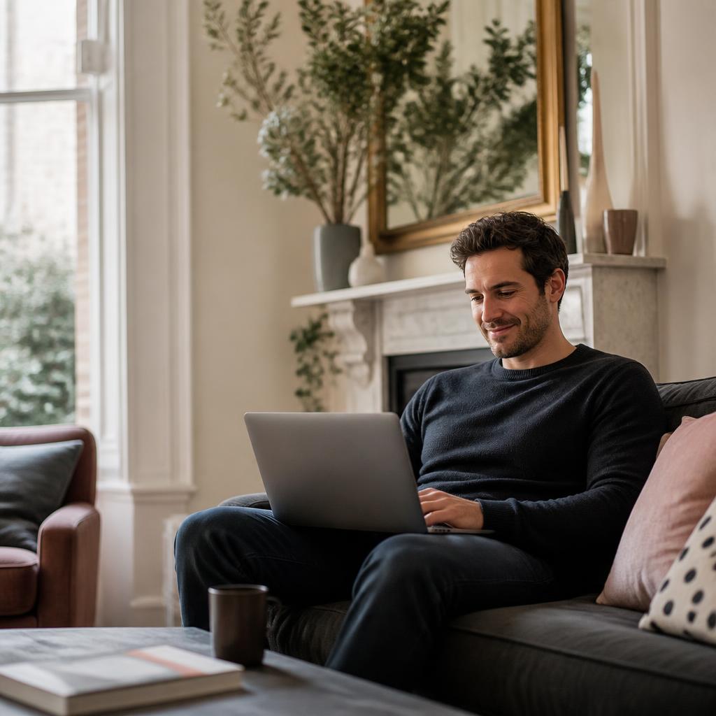 A relaxed landlord using a laptop on a sofa