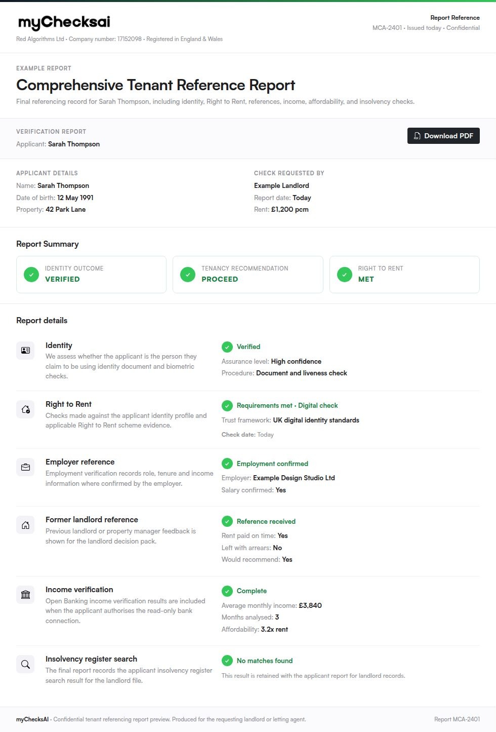 MyChecksAI sample tenant report, showing applicant details, the Proceed recommendation and all six check results.